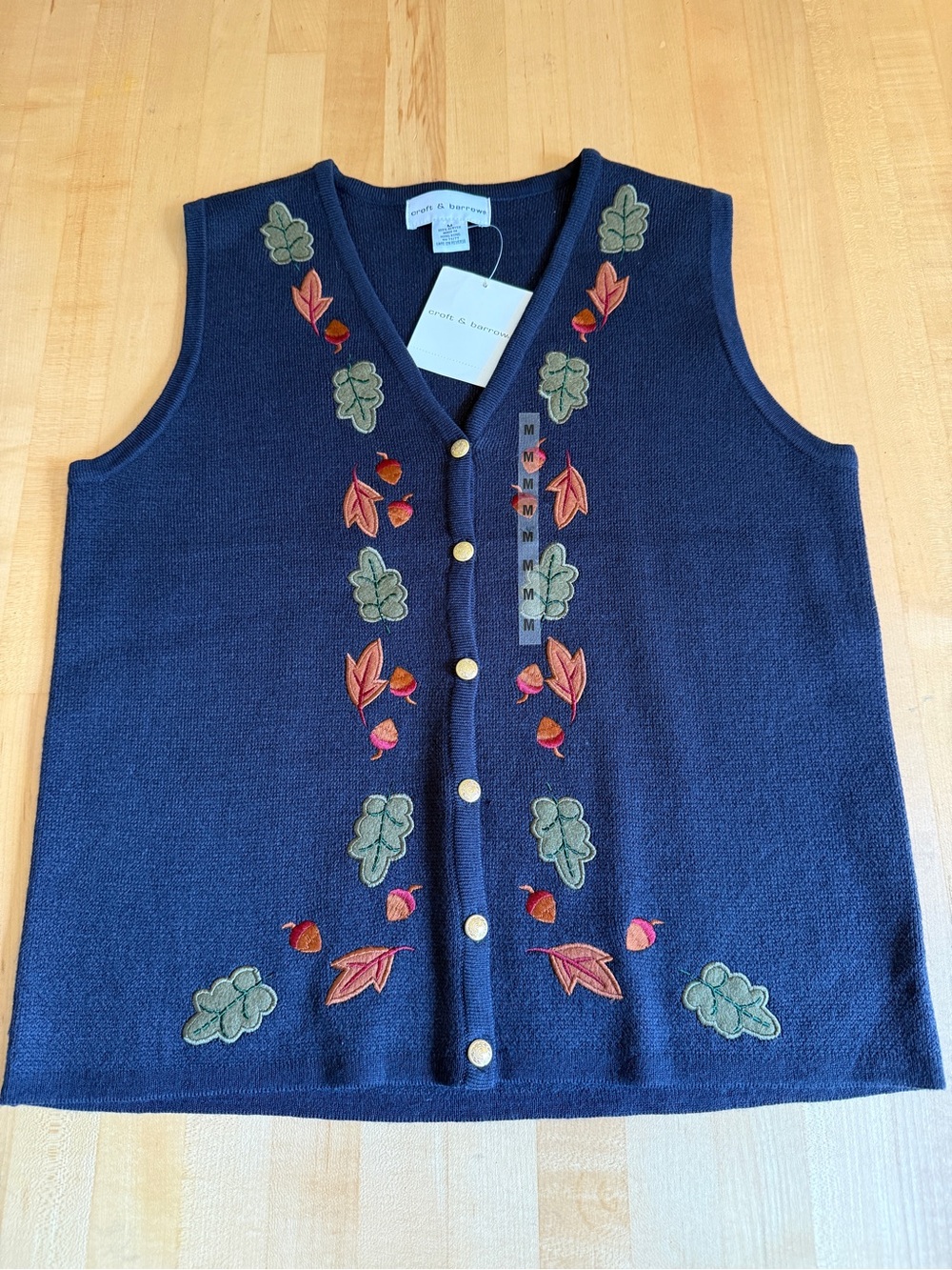 NWT* 🍁 Vintage 90’s Autumnal/Fall Leaves & Acorns Sweater Vest Button M Navy Blu